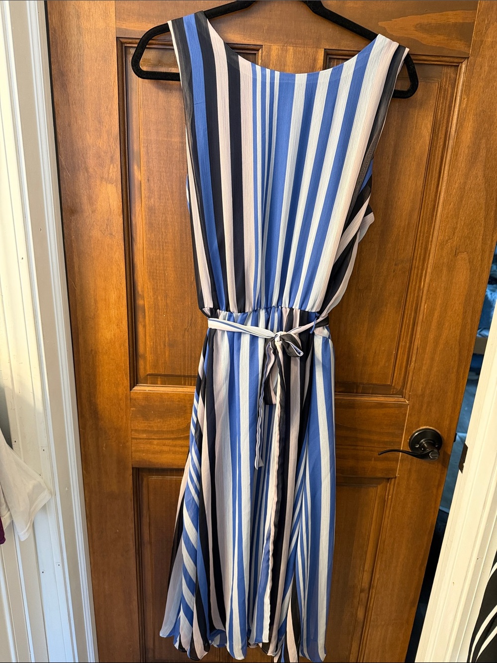 MSK Blue, White & Black Vertical Stripe Sleeveless Dress